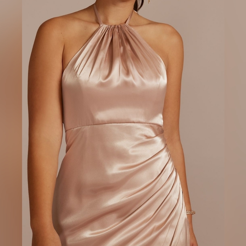 Womens tie-neck charmeuse halter bridesmaid David's Bridal dress Sand 8
